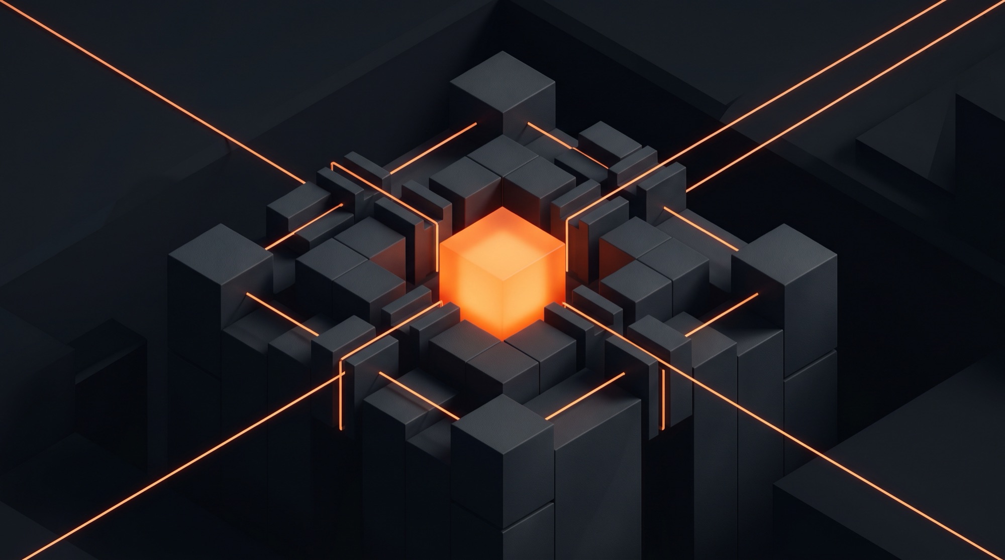Isometric charcoal blocks with a glowing orange core