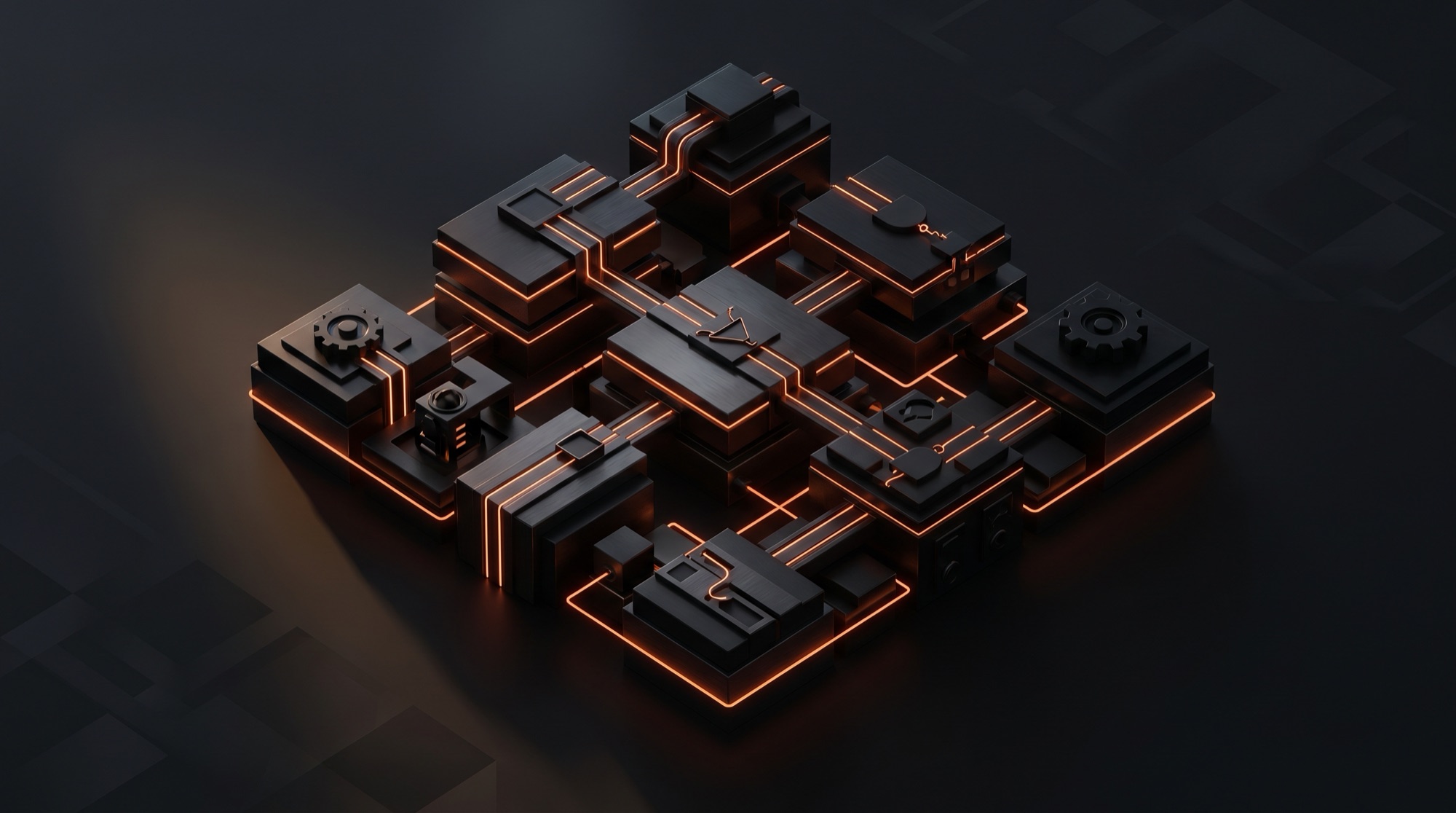 Isometric charcoal architecture traced with orange light
